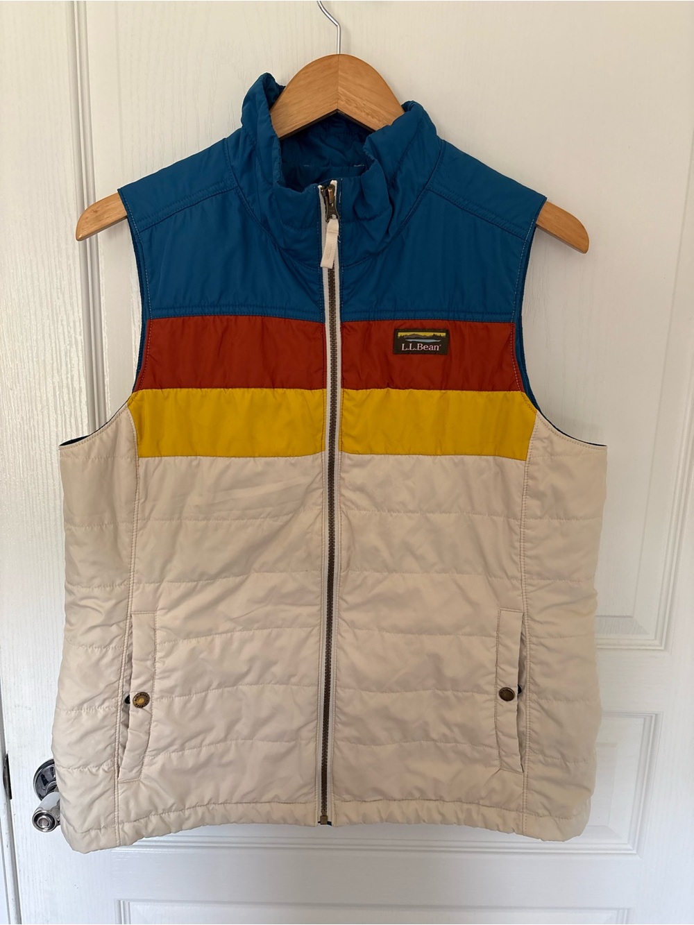 L.L. Bean woman’s  Colorblock Puffer Vest - Blue, Rust, Yellow, Cream